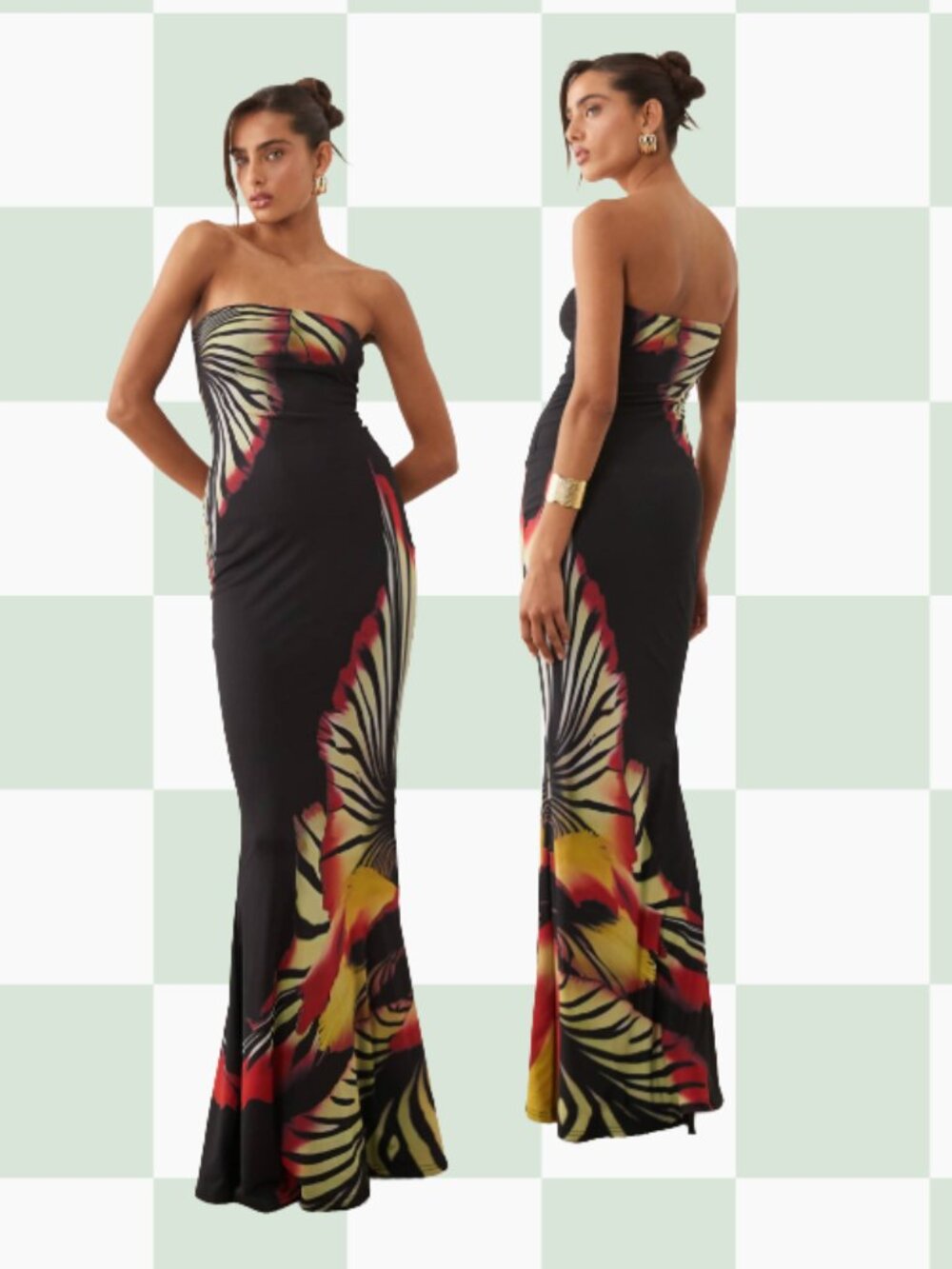 Murci mesh strapless fishtail maxi dress in black and red flower print